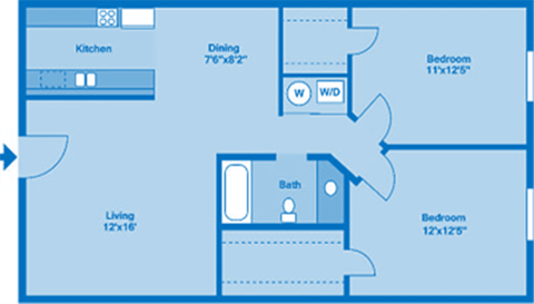 A floorplan showing two bedrooms and one bath.